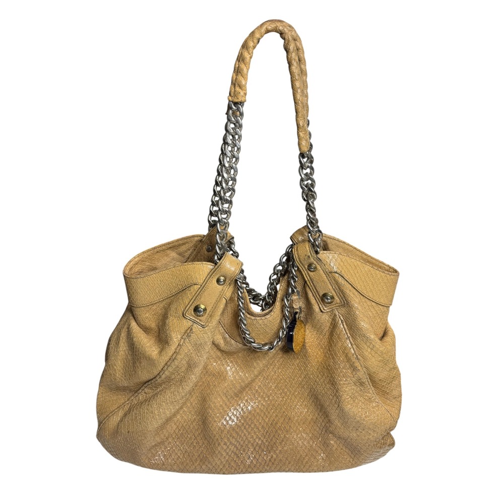 Henri Bendel Tan Snakeskin Embossed Leather Hobo Shoulder Bag Chain Straps